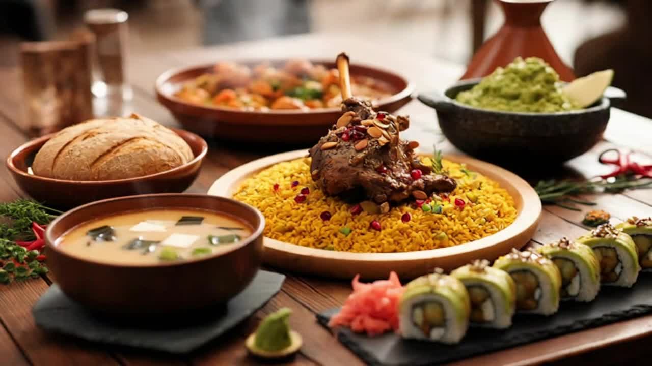 A Beautiful Glimpse of World Cultures Through Colorful Traditional Cuisines on One Table