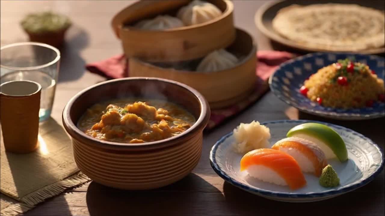 A Calm Visual Moment Celebrating World Cultures Through Beautiful Traditional Cuisines