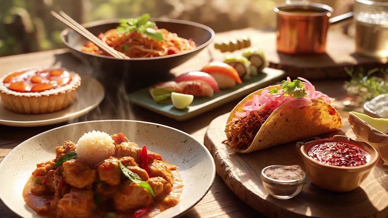 A Beautiful Glimpse of World Cultures Through Colorful Cuisines in a Single Sunlit Moment