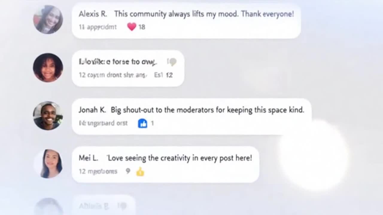 Friendly Community Messages Flow Across a Bright Social Feed in a Positive Welcoming Moment
