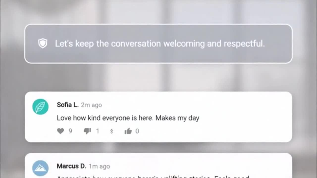 Friendly Community Feedback Reminder Displayed Through a Calm and Respectful Social Interaction Scen